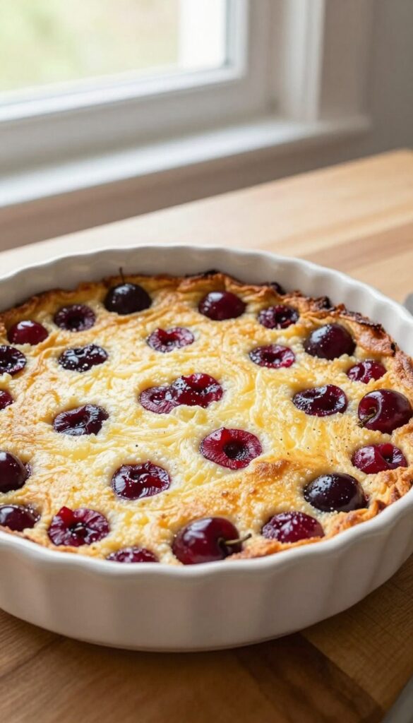 A rustic French clafoutis dessert with cherries baked in a ceramic dish, showcasing a golden-brown custard-like texture in natural light, perfect for a blog about easy fancy recipes.
