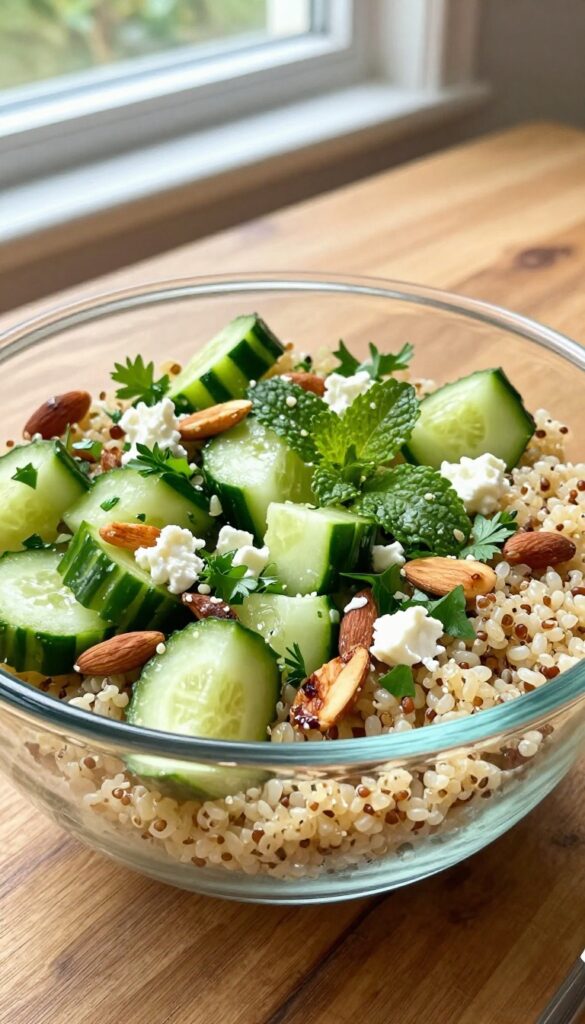 A vibrant cucumber and quinoa salad with lemon vinaigrette, featuring fluffy quinoa, crisp cucumbers, fresh herbs, feta cheese, and almonds, in a glass bowl on a wooden table under natural light.