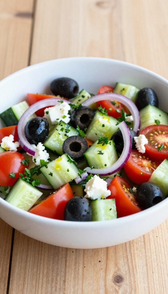 A vibrant Mediterranean cucumber salad with cucumbers, tomatoes, olives, feta, and parsley in a white bowl, showcasing fresh ingredients ideal for meal-prep.