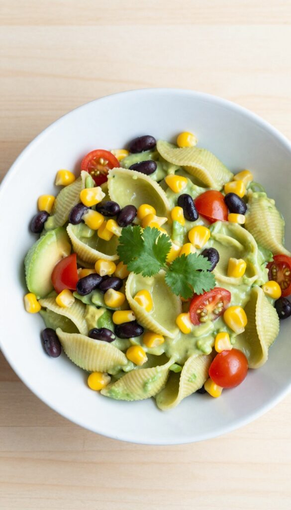 Creamy avocado lime pasta salad with black beans, corn, and cherry tomatoes in a white bowl on a wooden table.