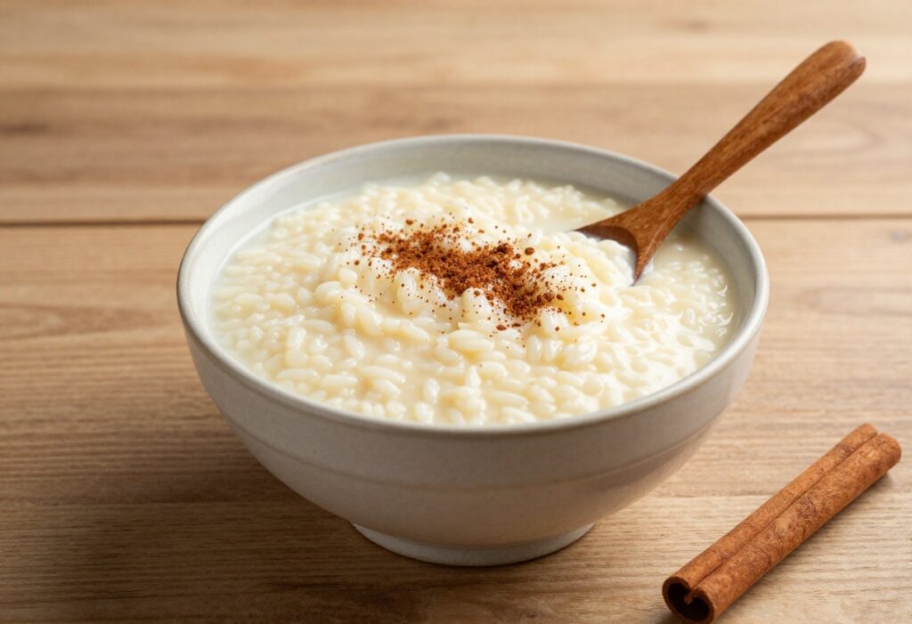 A bowl of creamy evaporated milk rice pudding with cinnamon garnish, symbolizing rich and easy dessert recipes.