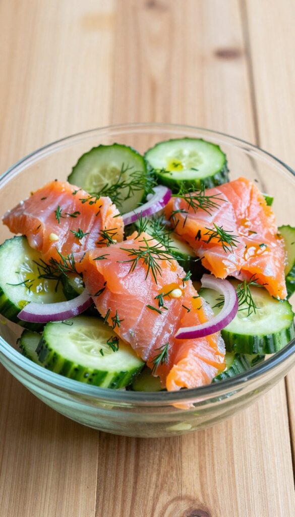 A close-up of a smoked salmon and cucumber salad with dill and vinegar dressing, showcasing fresh ingredients in a bright, natural setting.