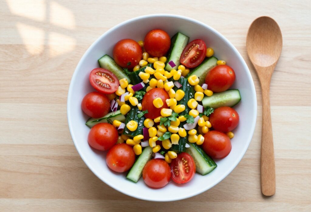 Overhead view of tomato and corn cucumber salad in a white bowl on a wooden table.