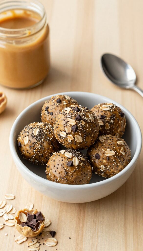 Peanut butter energy balls in a bowl with ingredients on a wooden table