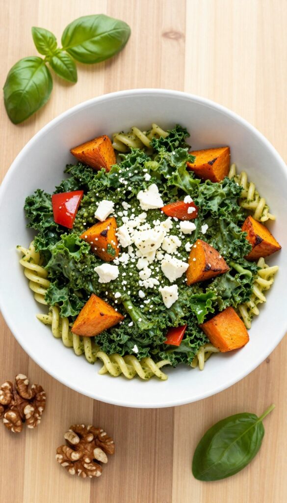 Bowl of kale pesto pasta salad with roasted sweet potatoes and bell peppers topped with feta cheese