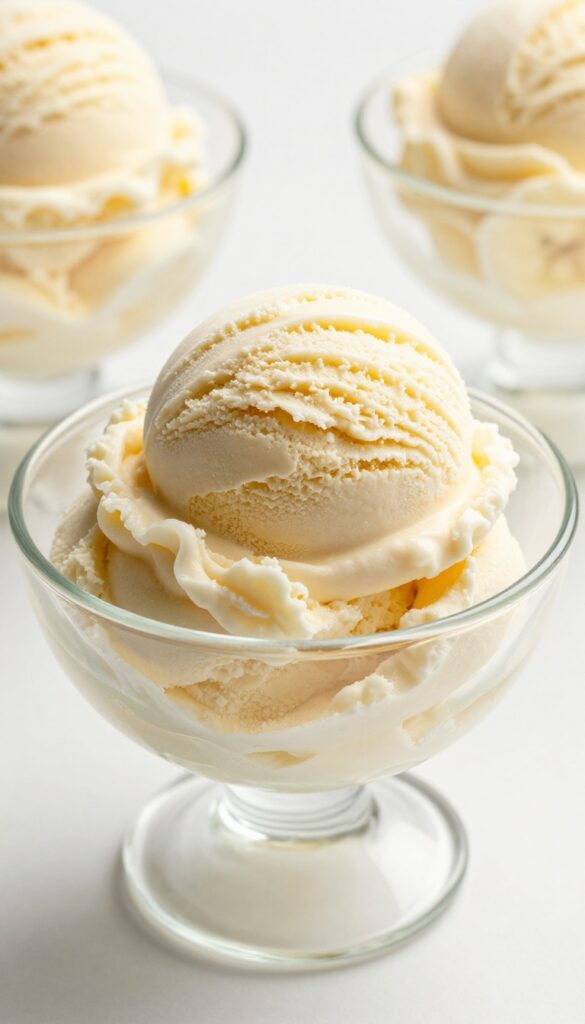 A close-up of creamy frozen banana ice cream in a glass bowl, showcasing its smooth texture and natural ingredients under bright, natural light, ideal for a blog section on dairy-free desserts.