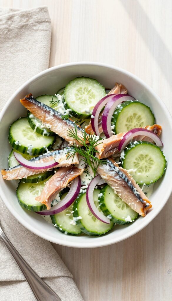 Smoked mackerel and cucumber salad with horseradish cream in a white bowl