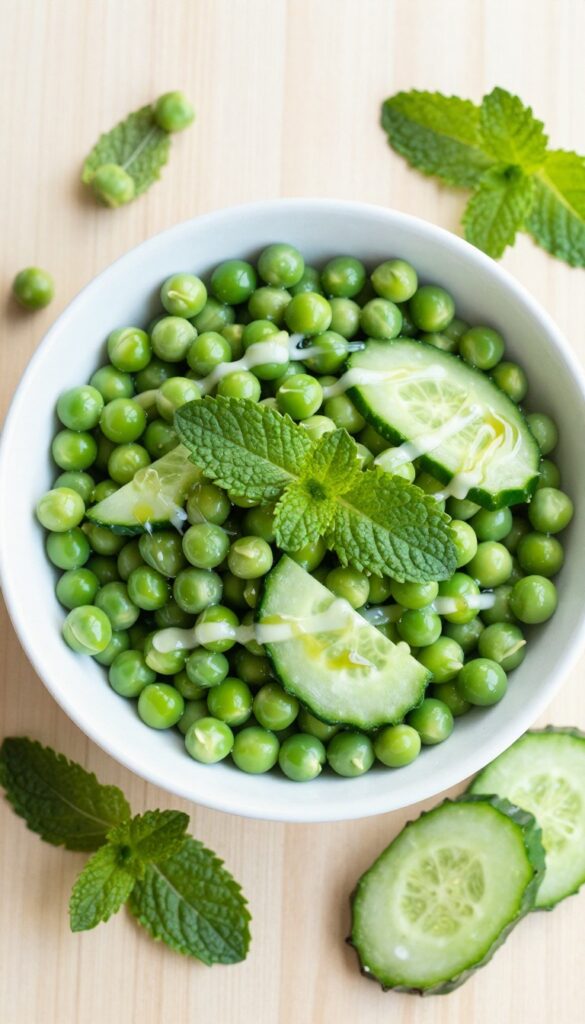 Minty Pea and Cucumber salad in a white bowl on a wooden table