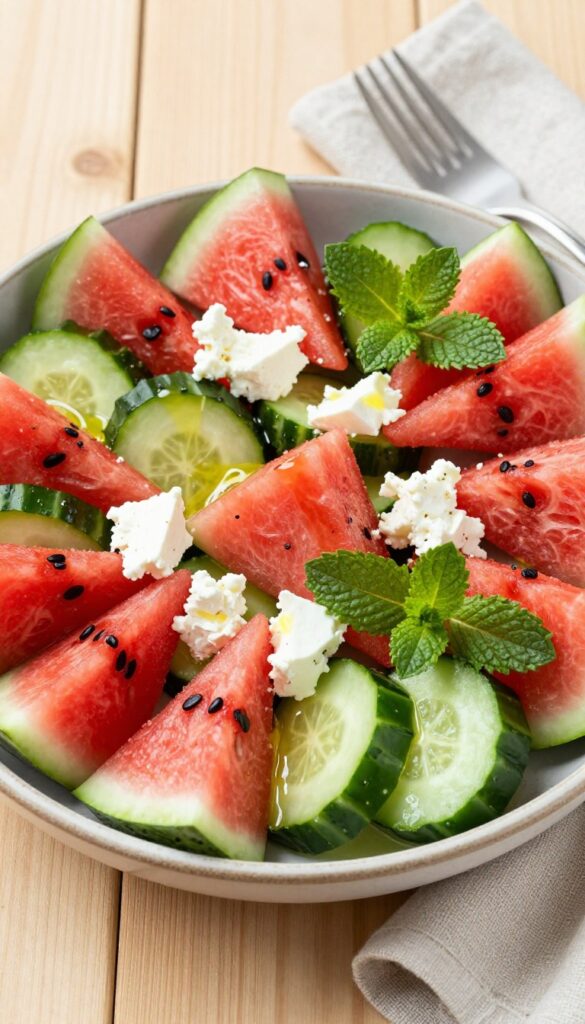 Cucumber and watermelon salad with feta and mint in a bowl on a wooden table