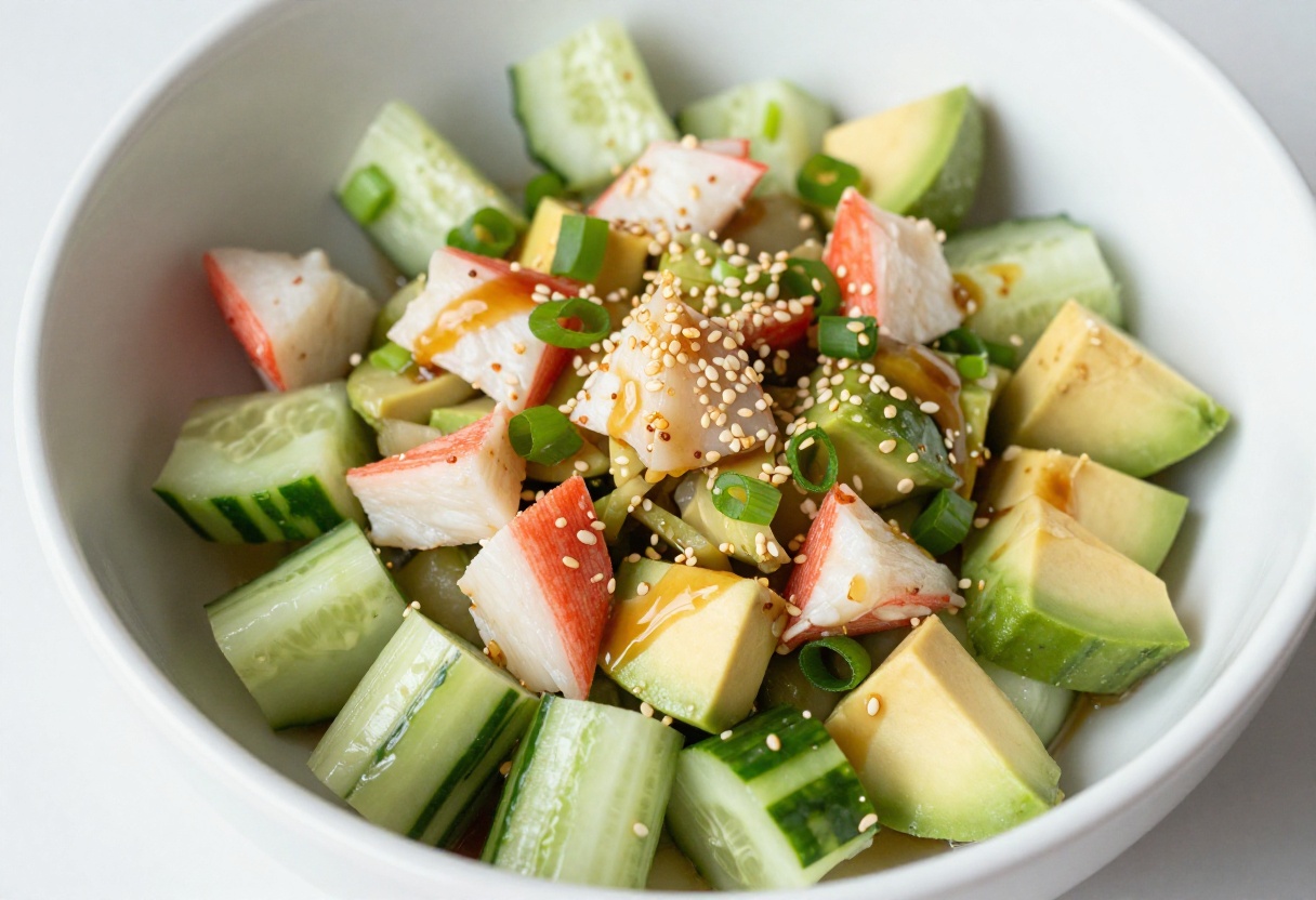 Bright sushi-inspired crab cucumber salad with avocado and sesame in a white bowl, garnished with furikake.