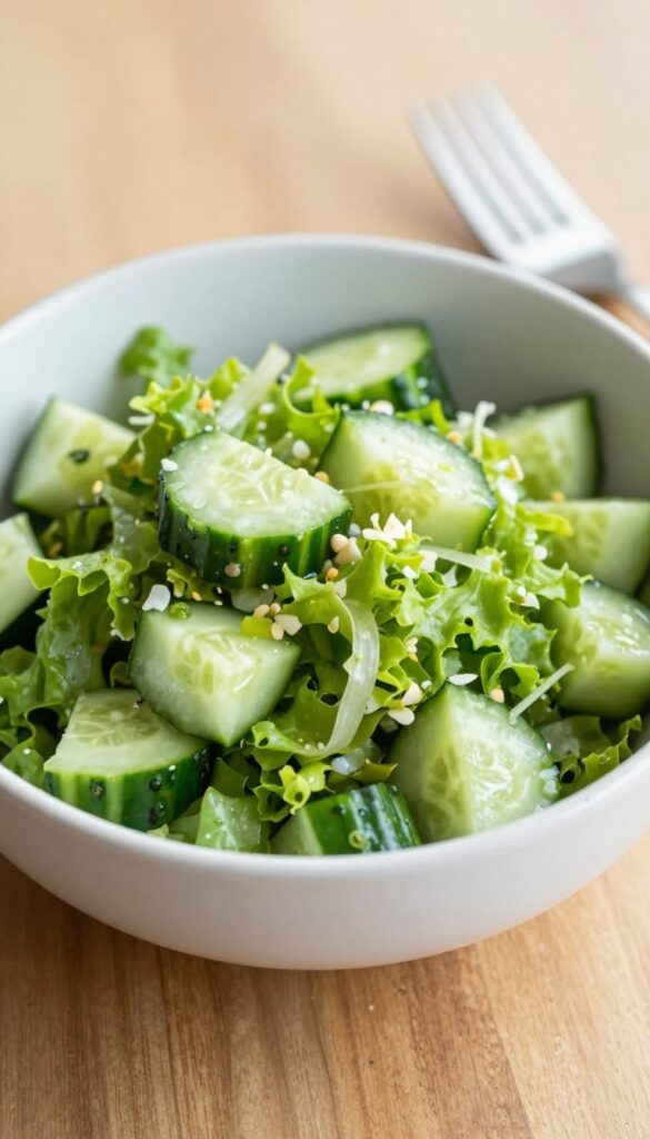 Egg cucumber salad served in a bowl with a fork on a wooden table
