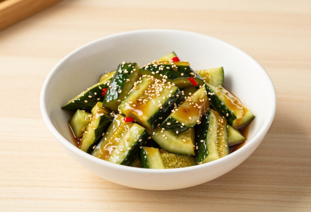 Bowl of Asian smashed cucumber salad with sesame seeds and chili flakes on a wooden table.