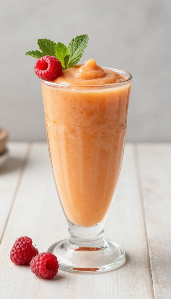 A tall glass of peach and raspberry smoothie with fresh raspberries and mint garnish on a light surface, representing the Peach Melba Dream smoothie recipe.
