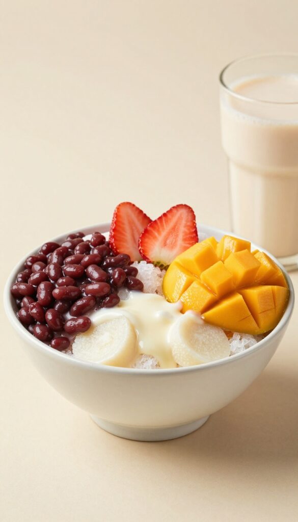 A bowl of Bingsu with shaved ice, red beans, fruit, rice cakes, and condensed milk, showcasing a light and refreshing Korean dessert.