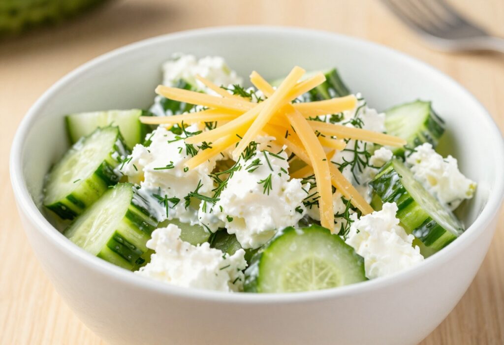 Fresh cottage cheese and cheese cucumber salad in a white bowl on a wooden table