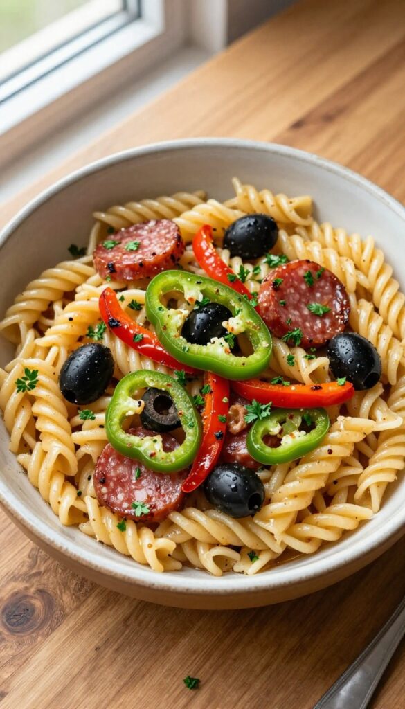 Spicy salami and roasted red pepper rotini pasta salad in a bowl on a wooden table