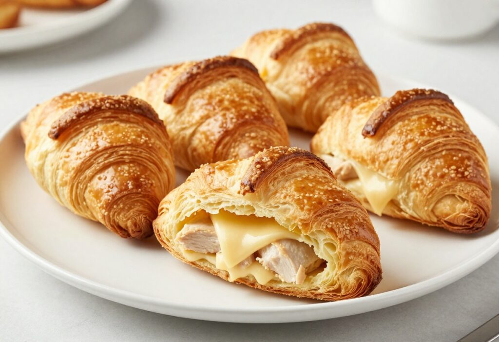 A golden-brown crescent roll bake with flaky layers and creamy chicken and cheese filling, representing easy and versatile dinner recipes.