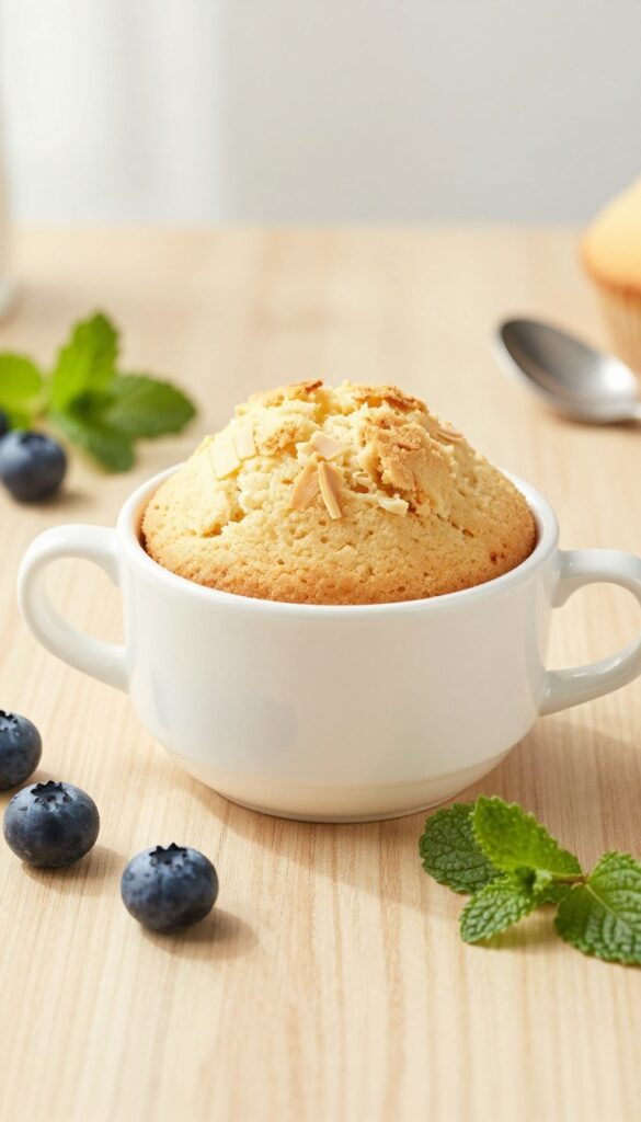 Almond flour mug cake in a white mug on a wooden table with blueberries and mint, warm and fluffy texture.