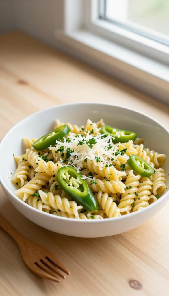 Spicy pepperoncini and parmesan pasta salad in a white bowl on a wooden table.