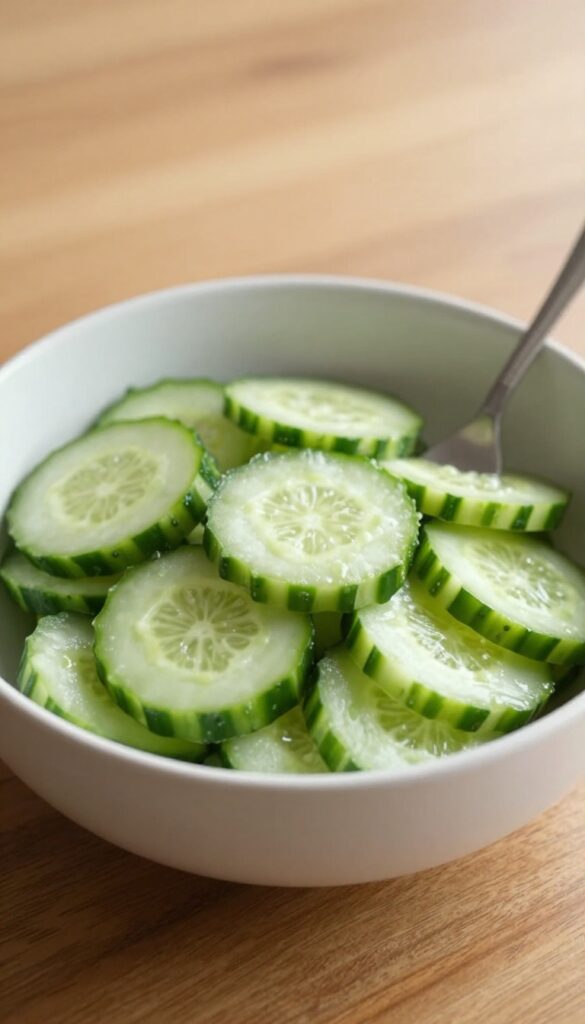 Sesame cucumber salad in a bowl on a wooden table with a fork