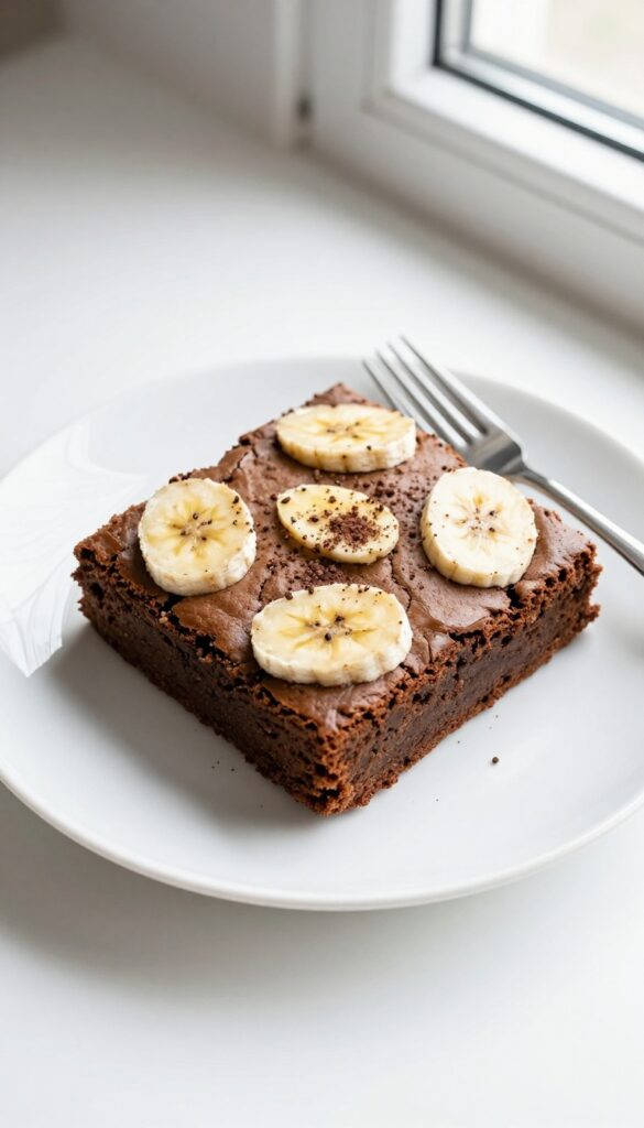 Banana brownie on a plate with fork, overhead view