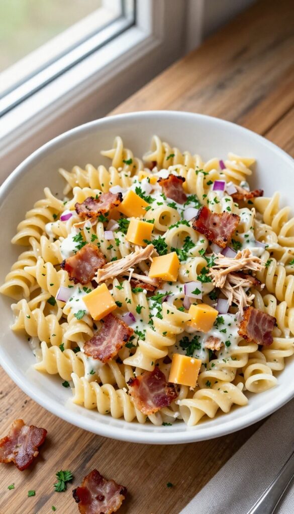 Bacon Ranch Italian Chicken Pasta salad in a white bowl on a wooden table.