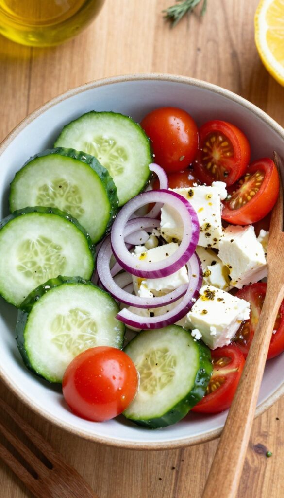 Greek cucumber and tomato salad with feta cheese in a ceramic bowl on a wooden table.