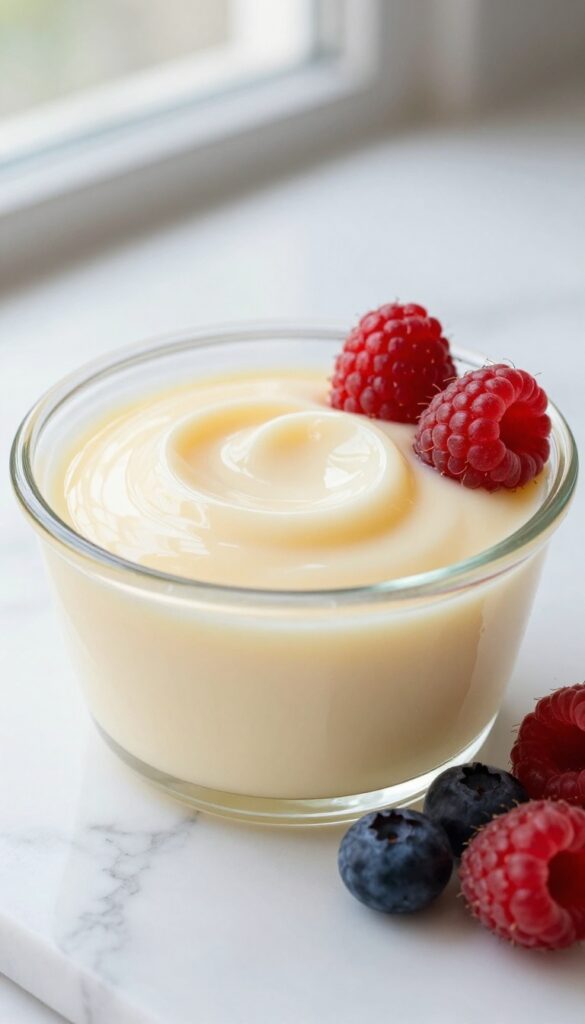 A close-up of vanilla milk jelly in a glass ramekin with fresh berries, showcasing its creamy texture and polished appearance on a marble surface in natural light.