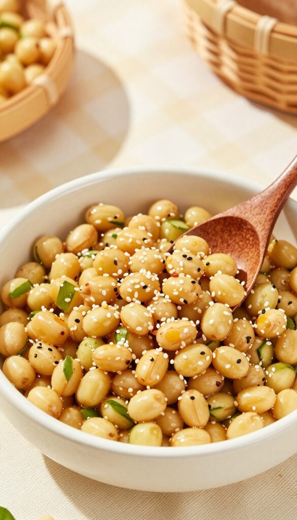 Sesame soy cucumber salad on a picnic blanket with a wooden spoon
