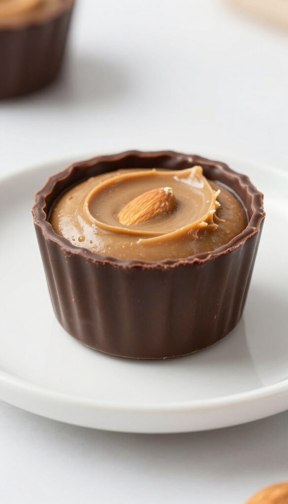 A paleo chocolate almond butter cup with a glossy dark chocolate shell and almond butter filling, presented on a white plate in natural light.