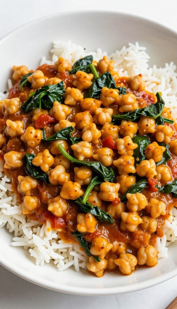 A bowl of chickpea and spinach curry with basmati rice, showcasing a healthy, comforting dinner option for low cholesterol recipes.