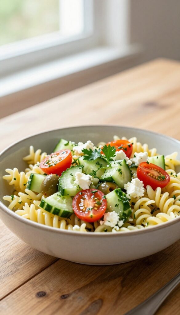 Mediterranean cucumber pasta salad with feta and olives in a bowl on a wooden table