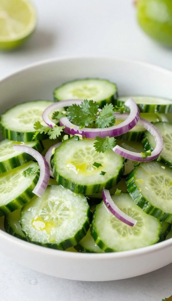 A close-up of a zesty lime and cilantro cucumber salad, featuring crisp cucumbers, fresh cilantro, and red onion in a bright, natural light setting, perfect for a light meal or side dish.