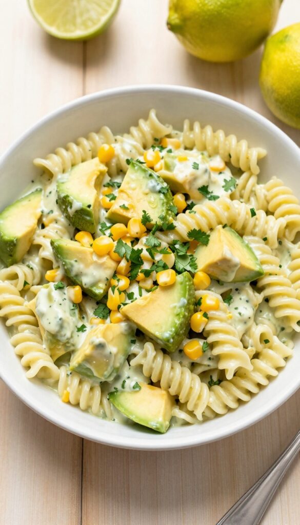 Overhead view of avocado lime rotini pasta salad in a white bowl with corn and cilantro, bathed in natural sunlight.