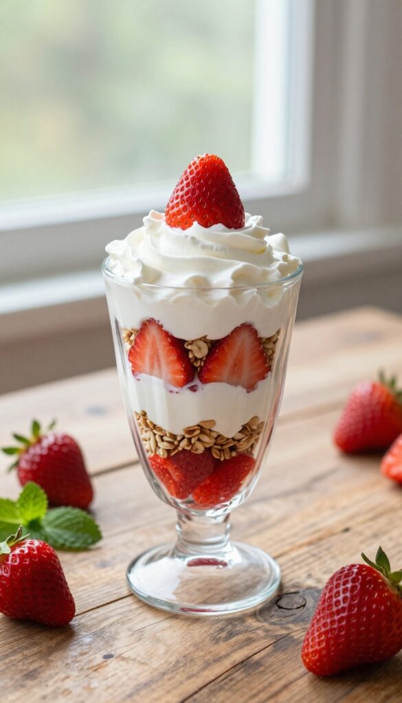 Strawberry cream parfait in a glass with layers of strawberries, whipped cream, and granola.