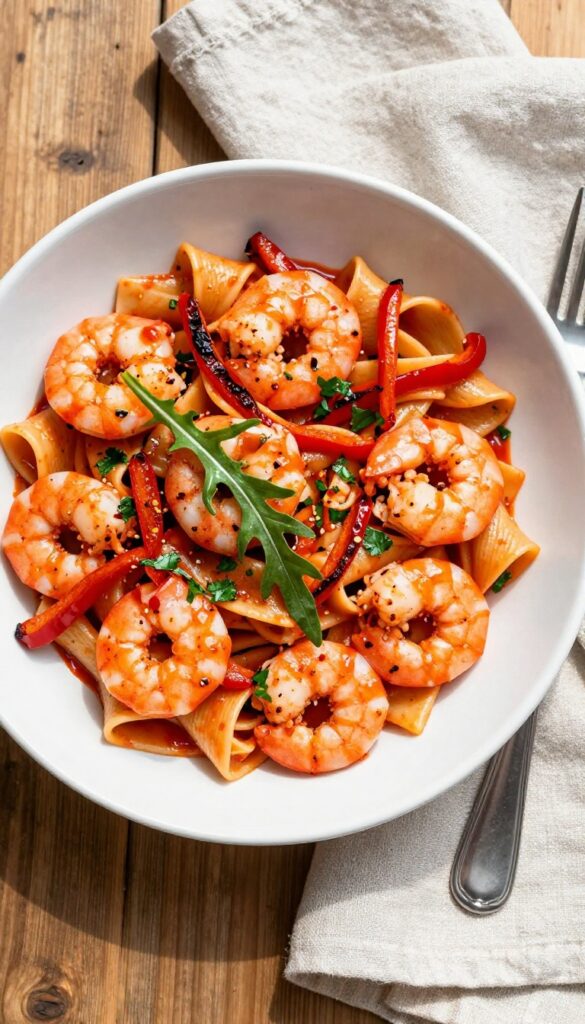 Spicy arrabbiata shrimp pasta salad in a white bowl with arugula and red pepper flakes on a wooden table.