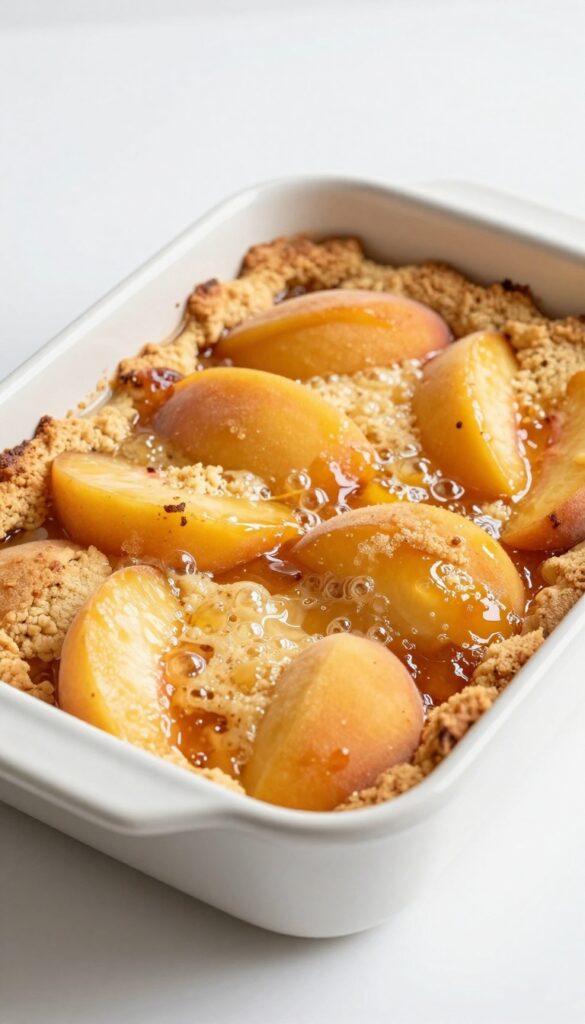 Buttermilk peach cobbler with golden topping and bubbling peaches in a baking dish, photorealistic and bright.