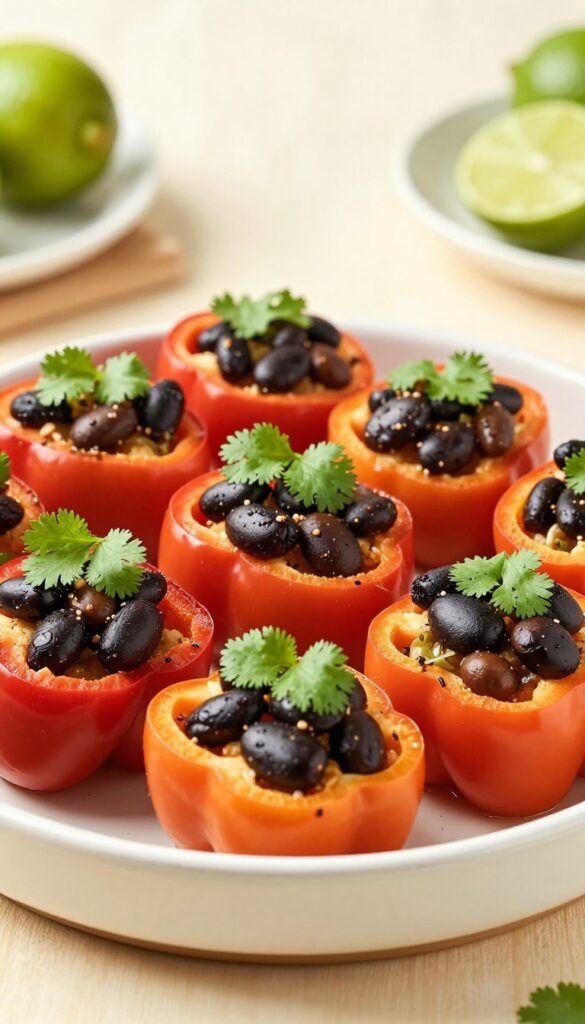 Baked sweet potato and black bean stuffed peppers in a ceramic dish, garnished with cilantro and lime, showcasing a healthy low-cholesterol dinner recipe.