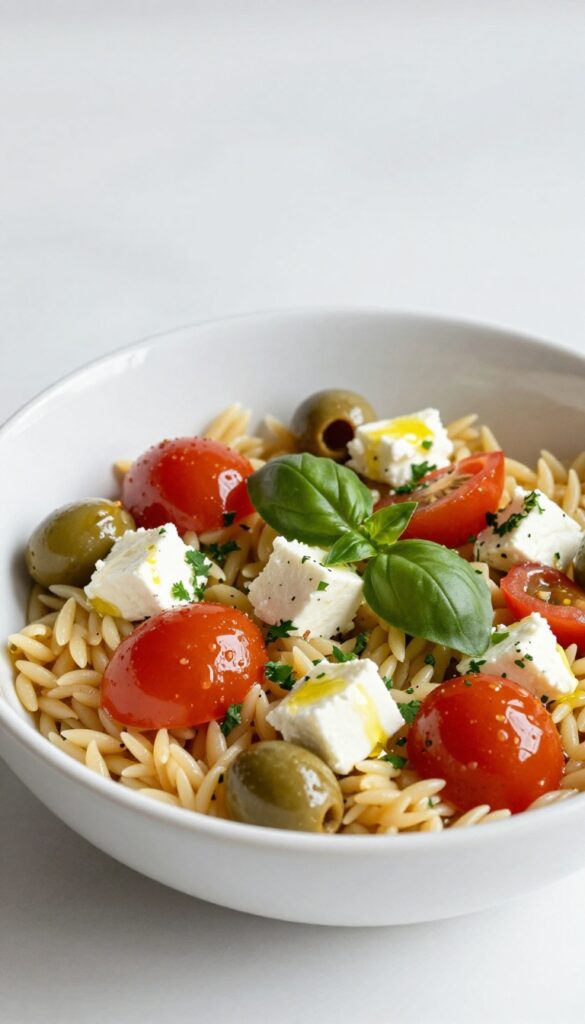 A close-up view of a Mediterranean orzo dish with feta, tomatoes, olives, and herbs in a white bowl, showcasing fresh ingredients in natural light for a blog-friendly image.
