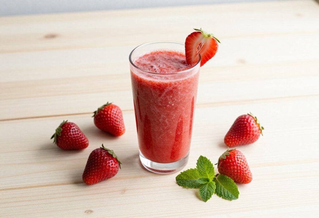 A refreshing strawberry smoothie in a glass with fresh strawberries and mint on a wooden table
