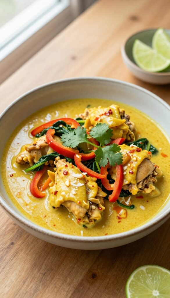Coconut curry chicken in a bowl with red bell peppers and spinach, garnished with cilantro and lime wedges on a wooden table.