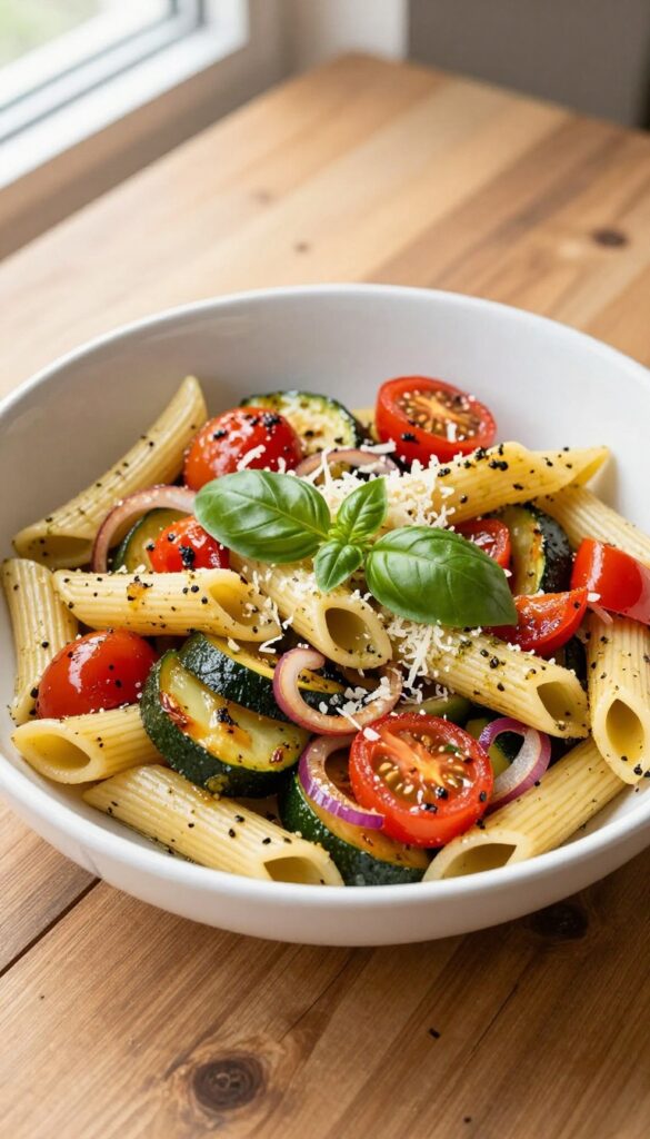 Roasted vegetable and pesto penne pasta salad in a white bowl on a wooden table.