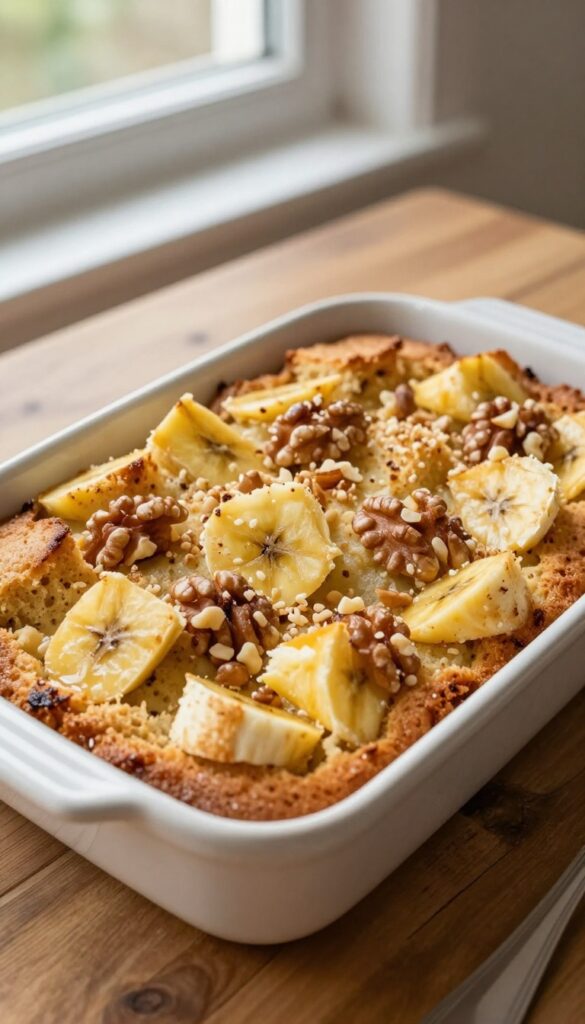 A close-up of buttermilk banana bread pudding, showcasing its rich texture and golden crust, with bananas and walnuts, in a bright, natural kitchen setting.
