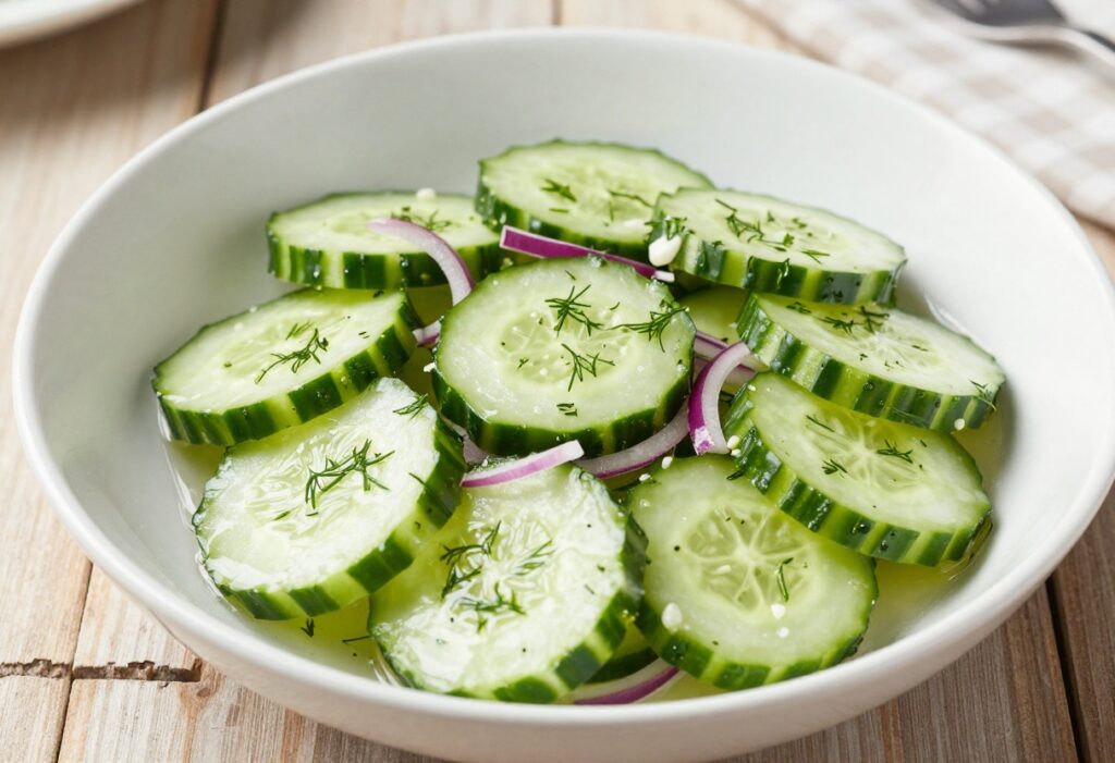 Bowl of cool garlic cucumber salad on a picnic table