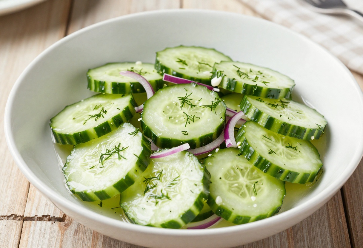 Bowl of cool garlic cucumber salad on a picnic table