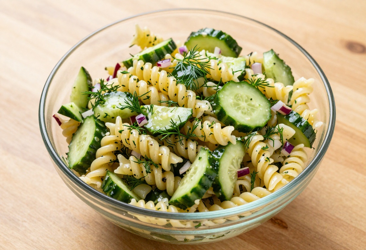 Cold cucumber pasta salad with light zesty dressing in a glass bowl