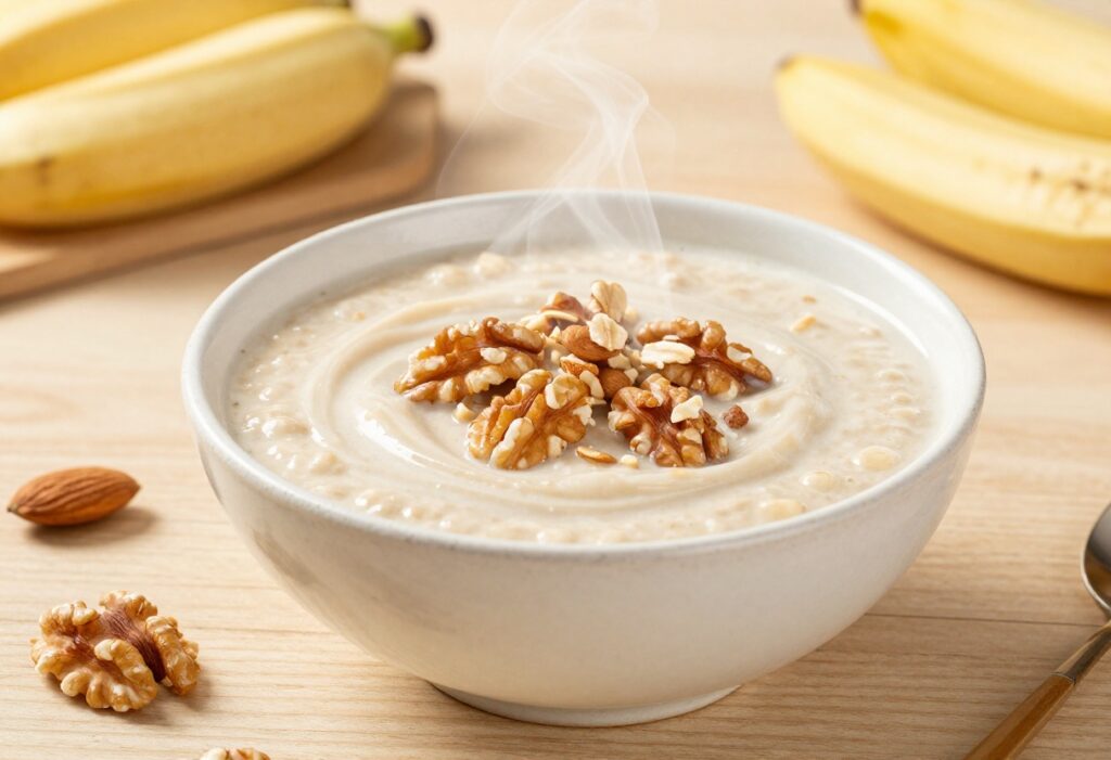 A creamy oatmeal banana breakfast bowl with nuts, representing easy cholesterol-friendly recipes in a clean, inviting composition.
