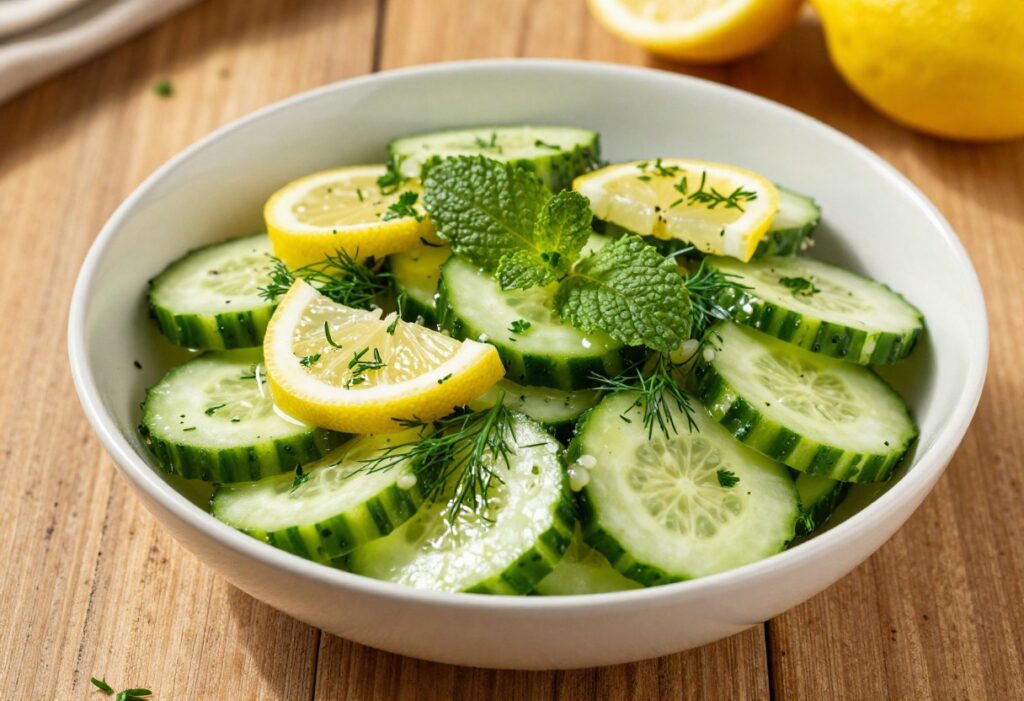 Fresh cucumber salad with lemon and garden herbs in a white bowl