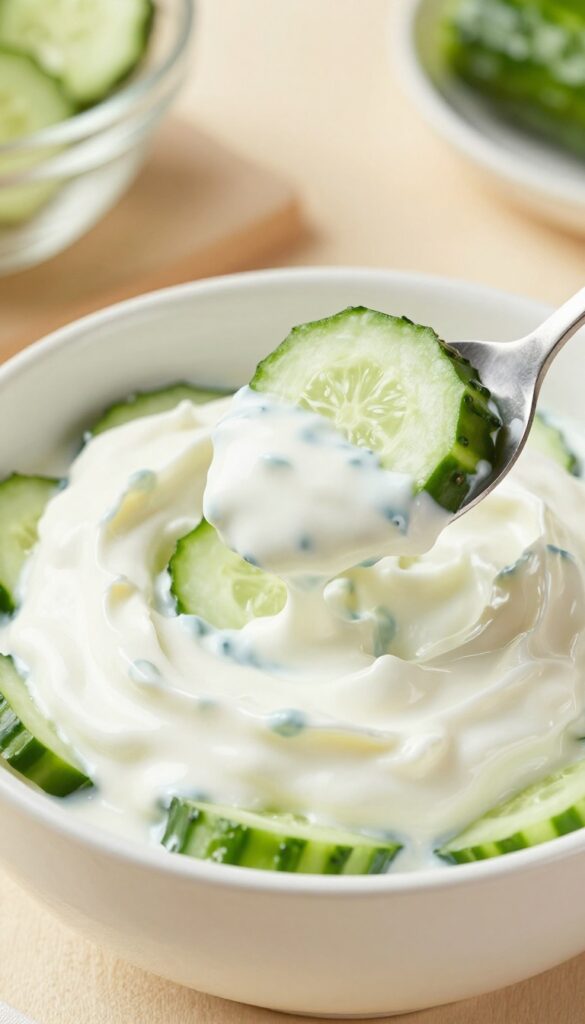 Close-up of creamy yogurt cucumber salad with a spoon, highlighting texture and fresh herbs.