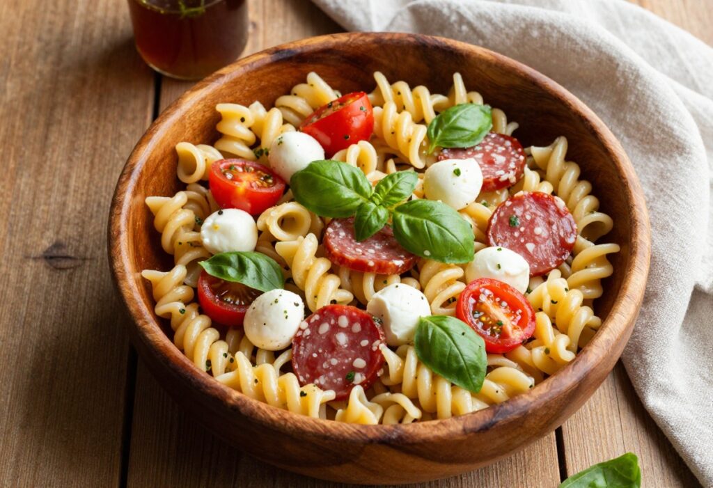 Bowl of cold pasta salad with cherry tomatoes, mozzarella, salami, and basil drizzled with Italian dressing on a wooden table.
